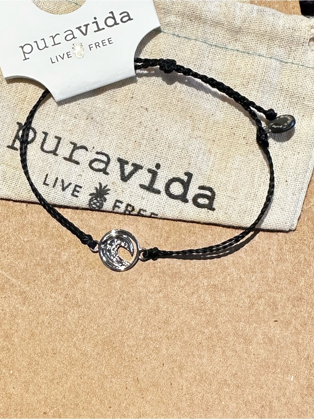 PURA VIDA Silver Swell Charm On Black Bracelet NEW Unisex Last one!